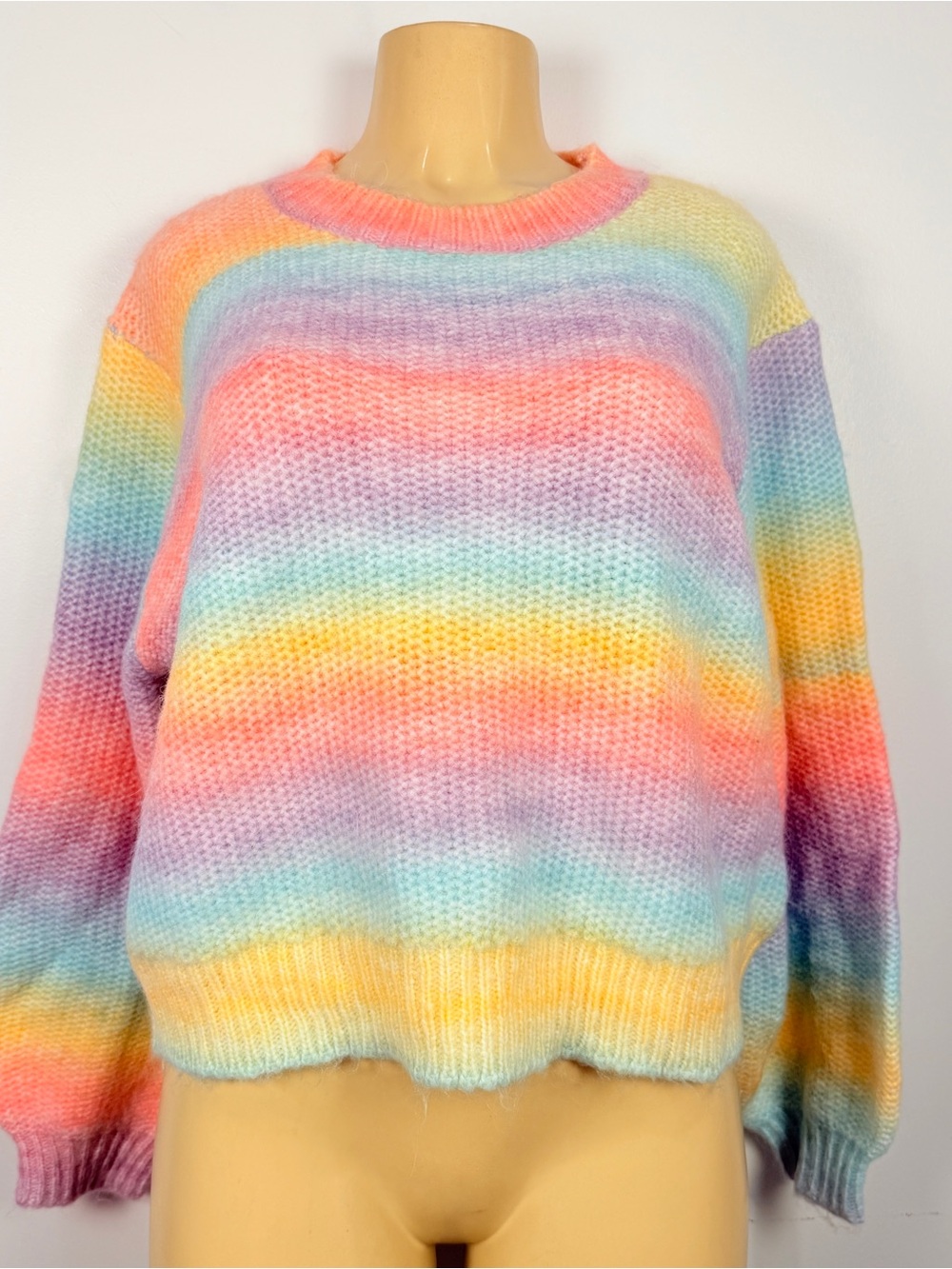 Olivaceous Sherbet Rainbow Sweater Sz M Fuzzy Crew Fisherman Dopamine Beach